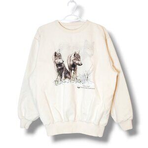 Vintage 90s Wolf Nature Graphic Crewneck Sweater White Size L